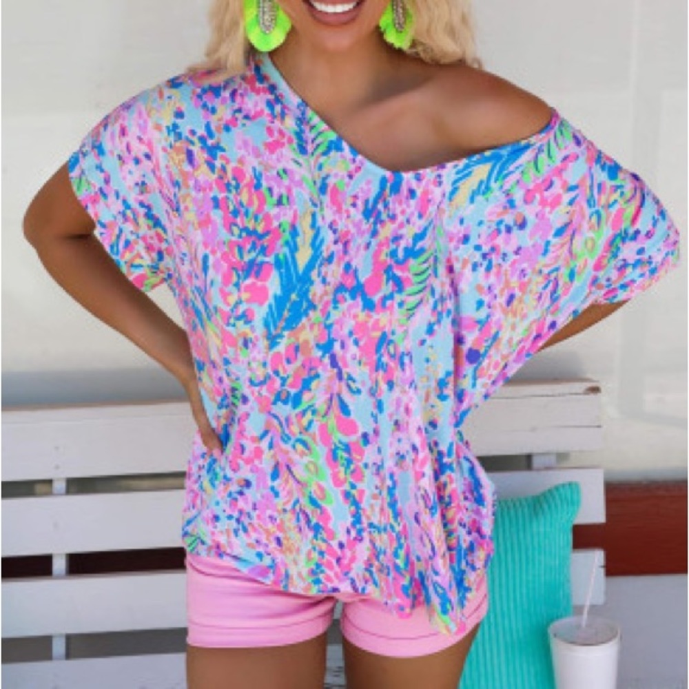 Sky Blue Loose Painted Floral Tee 🩵